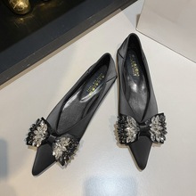 2873-H3 European and American Banquet Light Luxury Flat Heel Women's Shoes Flat Shoes Satin Shallow Mouth Pointed Diamond Bow Single Shoes