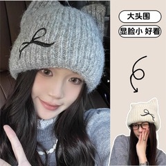 日系可爱猫耳朵蝴蝶结毛线帽子女秋冬保暖护耳显脸小百搭针织冷帽