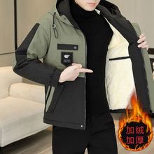 加绒加厚男士外套潮流韩版连帽夹克防风防水冲锋衣冬季工装男棉衣