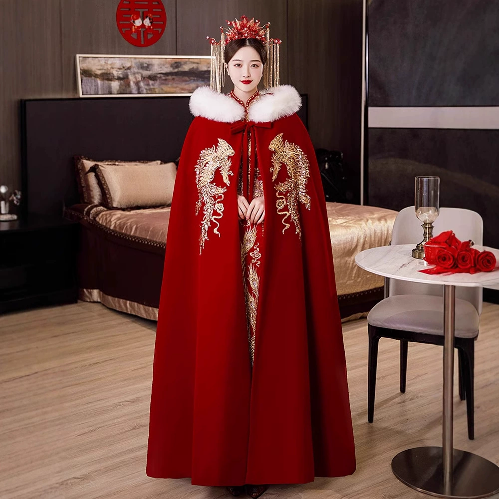 Зимний ханьфу-шаль, плащ-накидка в стиле сюэ, китайский свадебный плащ для невесты на флисовой подкладке, женский длинный красный плащ с вышивкой