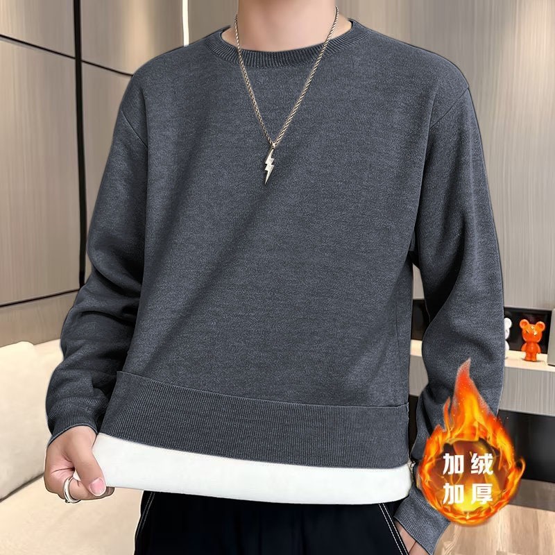 Factory wholesale men's winter loose-fitting fleece-lined thick solid color crew neck machine washable one-piece fleece knit base layer