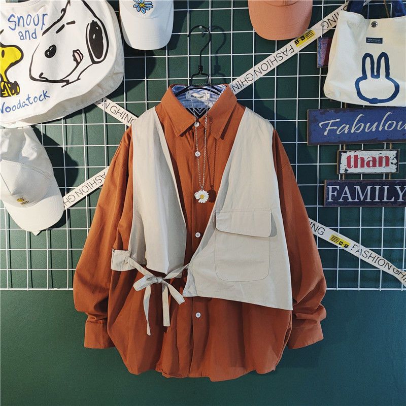 D2V Autumn Hong Kong Style Fake Two-Piece Long-Sleeve Shirt Trendy Unisex Design Niche Loose Casual Couple Shirt