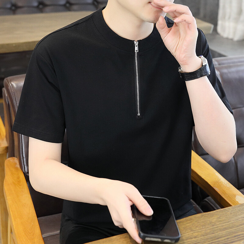 Cross-border source zipper Cuban collar youth short-sleeved T-shirt 2025 summer new trend all-match half