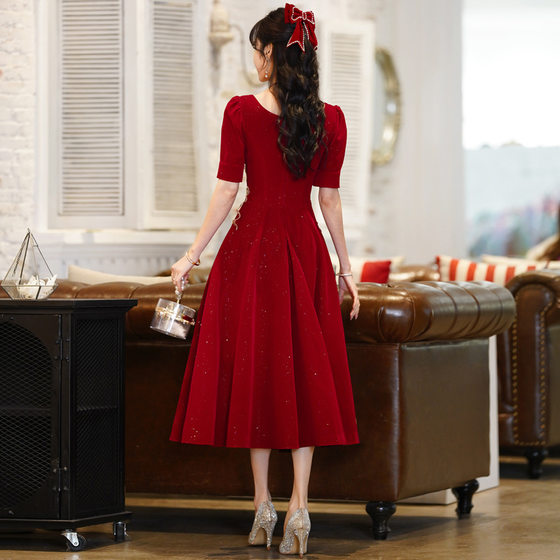 Toast dress bride spring and autumn wine red wedding evening dress women's back-to-door high-grade little engagement dress