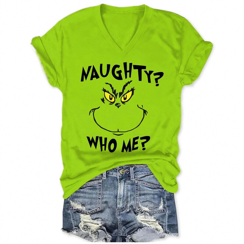 Foreign Trade Cross-Border Summer Women's Clothing Simple Casual V Neck Grinch Green Monster Print Casual Short-Sleeved T-Shirt Foreign Trade Cross-Border Summer Women's Clothing Simple Casual V Neck Grinch Green Monster Print Casual Short-Sleeved T-Shirt