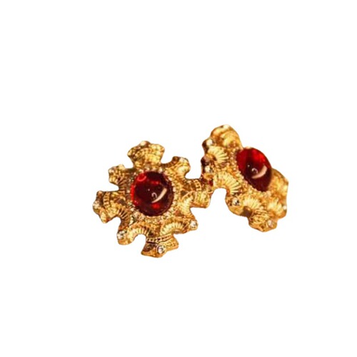 Retro Court Lightweight Luxury Red Resin Earrings, Exports, Gold-Plated Genuine Gold Vintage Flower Ruby Stud Earrings, Earing Accessories
