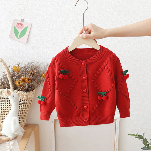 Baby Knit Cardigan Autumn Wear 2024 New Trendy Korean Version Baby Acrylic Sweater Outerwear Cherry Cardigan for Girls