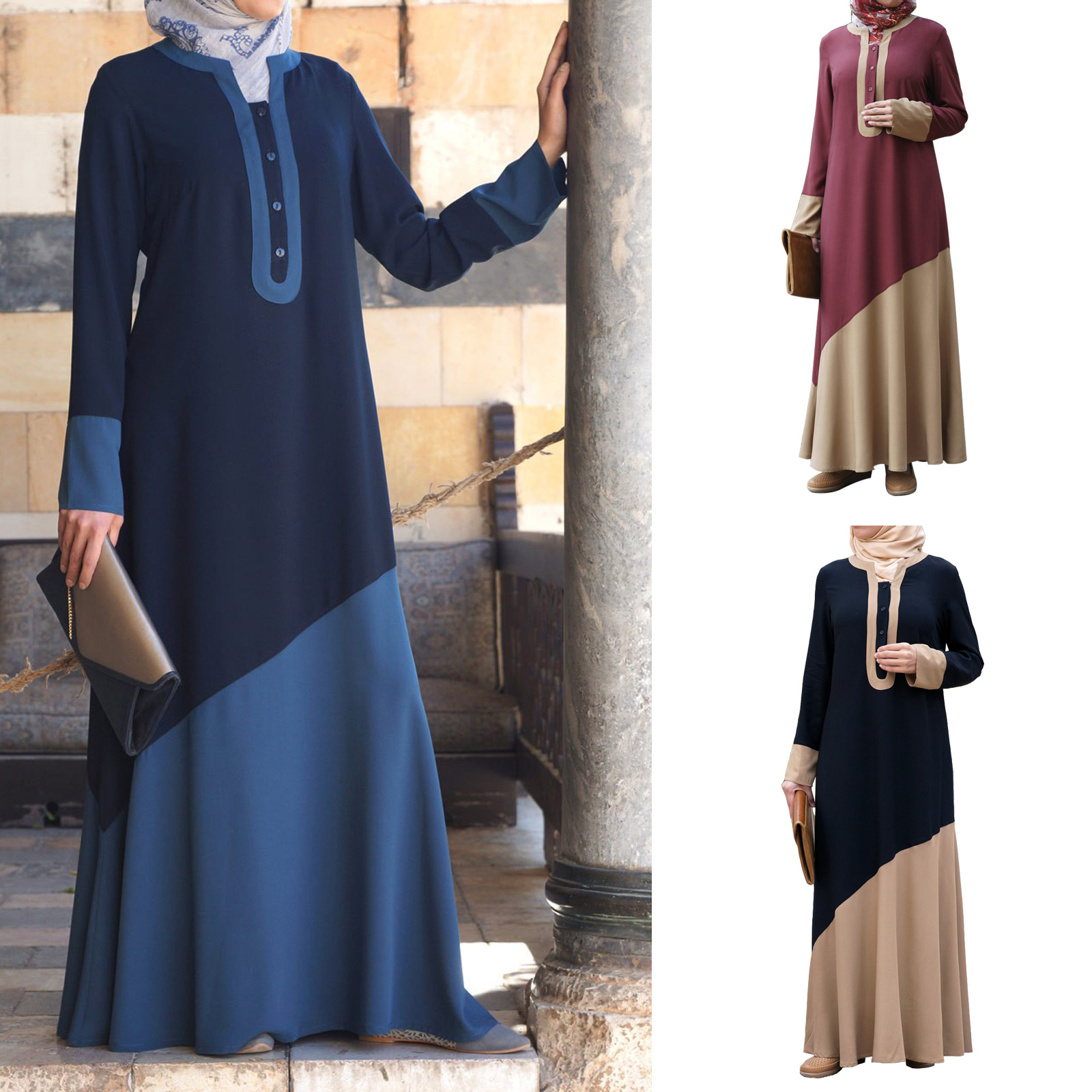 亚马逊速卖通中东迪拜阿拉伯女装 拼色长袖单排扣套头长裙Abaya详情2