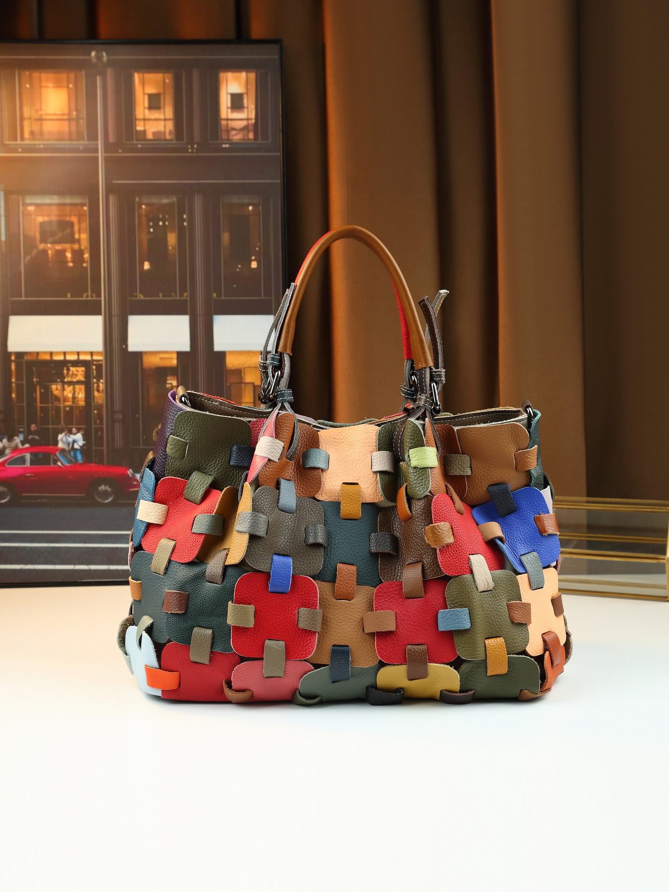 Woven Leather Patchwork Women's Handbag Large Shoulder Crossbody Bag_voghion.com