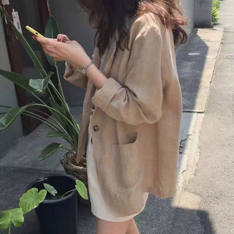 2025春装新款韩版大码女装网红棉麻西装外套宽松亚麻小西服亚马逊