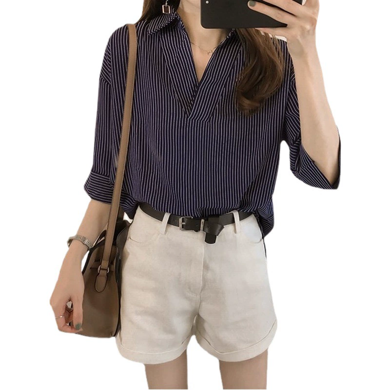 Весенне-летняя новая свободная рубашка в тонкую полоску большого размера в Корейском стиле, женский топ с семью рукавами, универсальный отдых