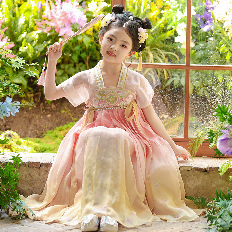 Hanfu Girls' 2025 New Style Traditional Chinese Dress for Mid-Autumn Festival, Little Girls' National Style Tang Suit Children's Summer Ancient Costume Dress