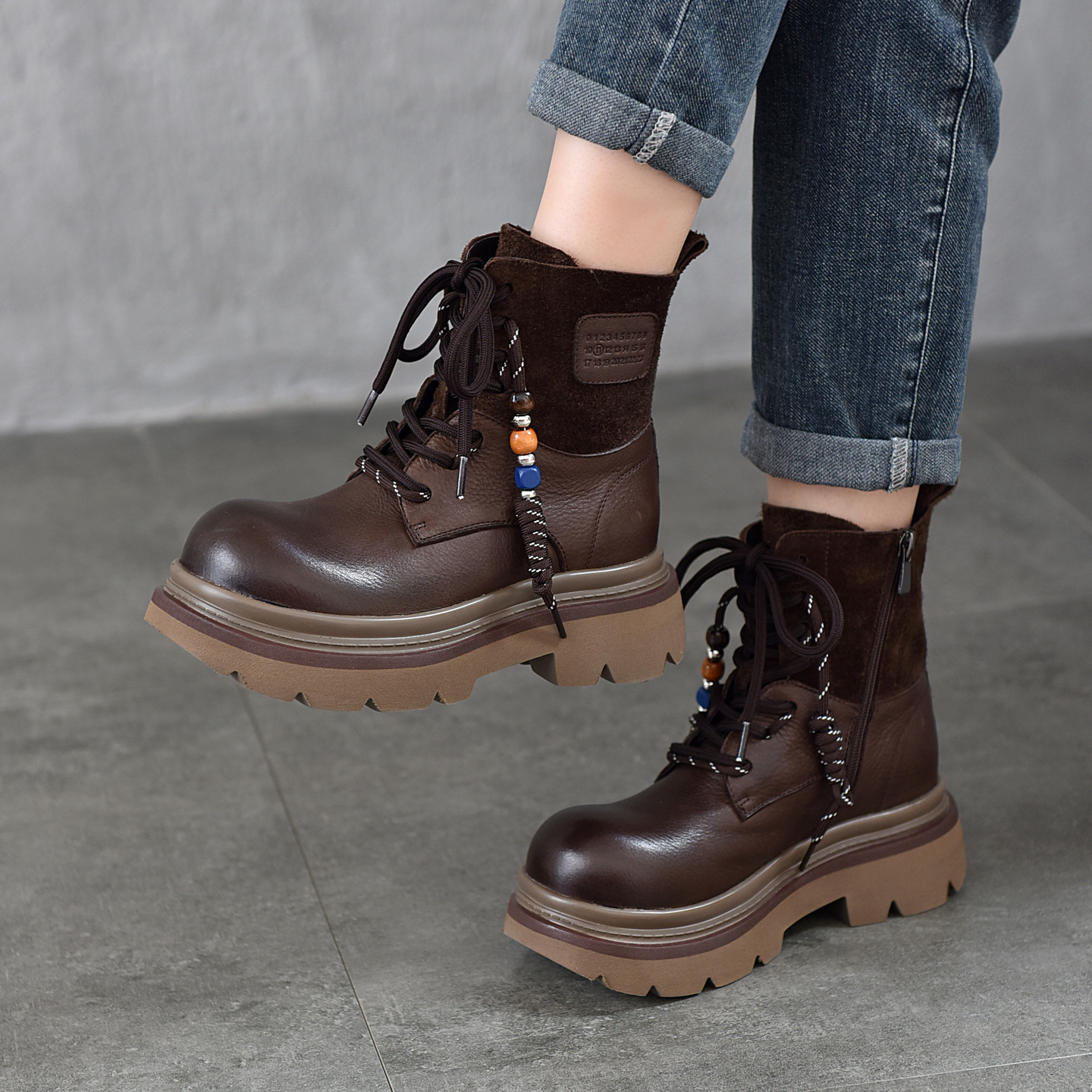 Thick-Soled Cowhide Boots for Women Genuine Leather Lace-Up Short Boots 2025 Autumn and Winter New Retro Platform Heel Genuine Leather Women's Boots