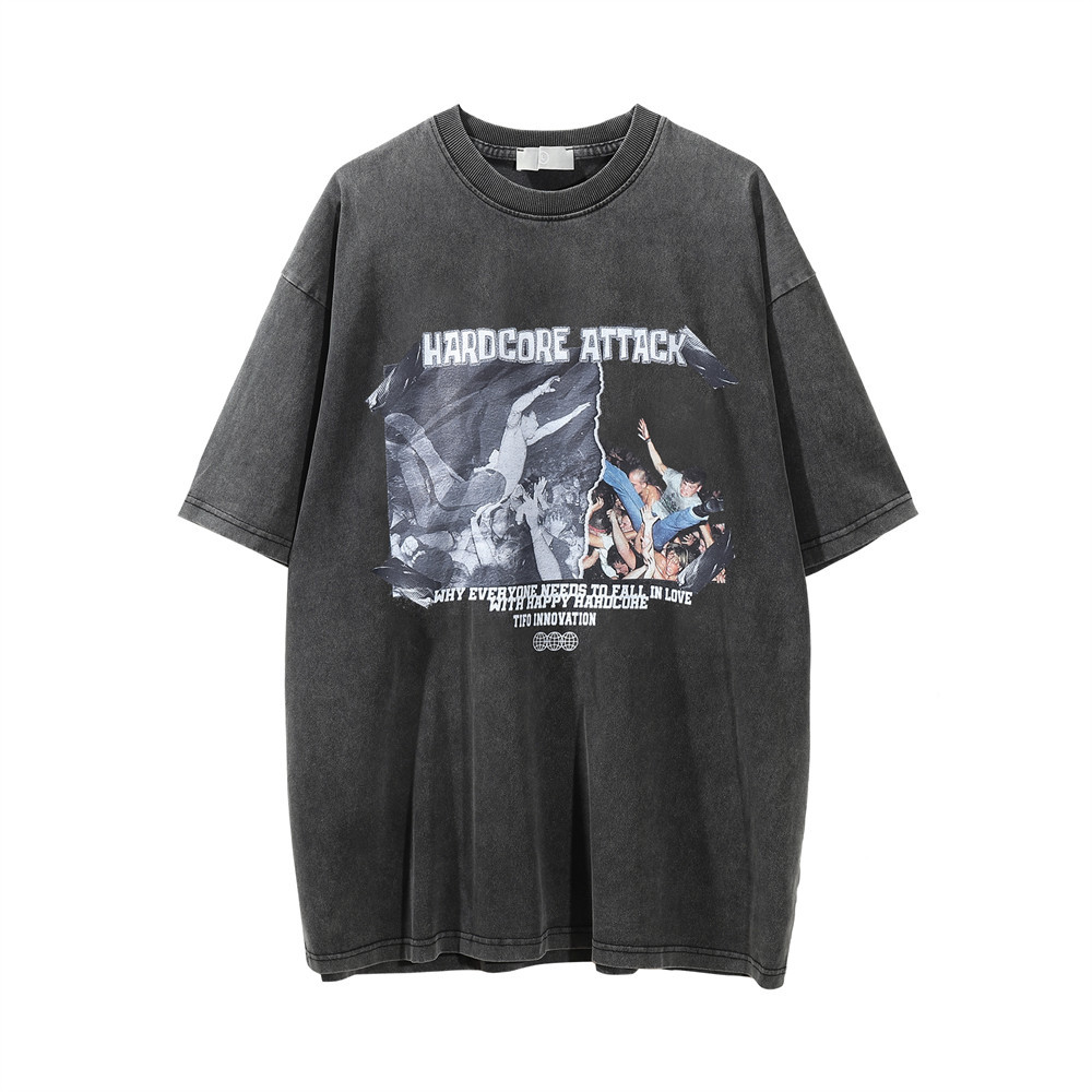 Crowd Printing Distressed Round Neck Short-sleeved T-shirt For Men European And American Street Loose Washed Short-sleeved T-shirt Top