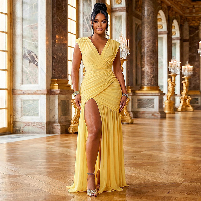 Comercio exterior Europa y América ropa de mujer otoño 2026 nuevo estilo sin mangas V-collar bolsas de cintura de corte irregular vestido de bifurcación image 3