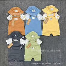 外贸批发儿童卡通印花背带裤遮阳帽套装 T恤+连体裤+帽子 3pcs