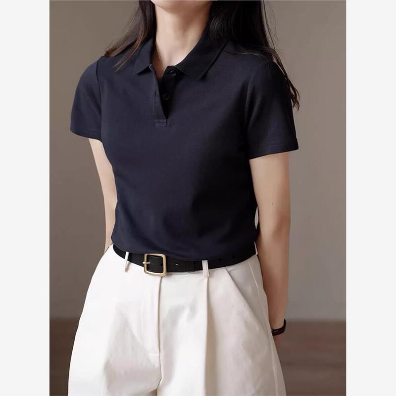 navy blue Shoulder Short-sleeved T-shirt Women 2024 New Summer Simple Polo Shirt All-match Lapel T-shirt Top