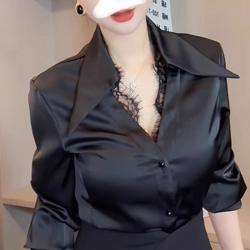 European Lace Splicing Acetate Satin Shirt Women's Long-Sleeved Spring and Autum French Unique Chic Top Black Shirt