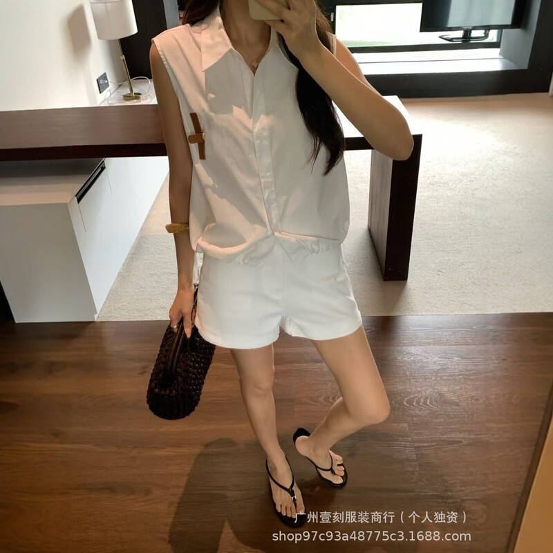 Nanyou High-End Version 26Ss Summer White Sleeveless Shirt for Women, French-Style Simple Drawstring Design Top Set