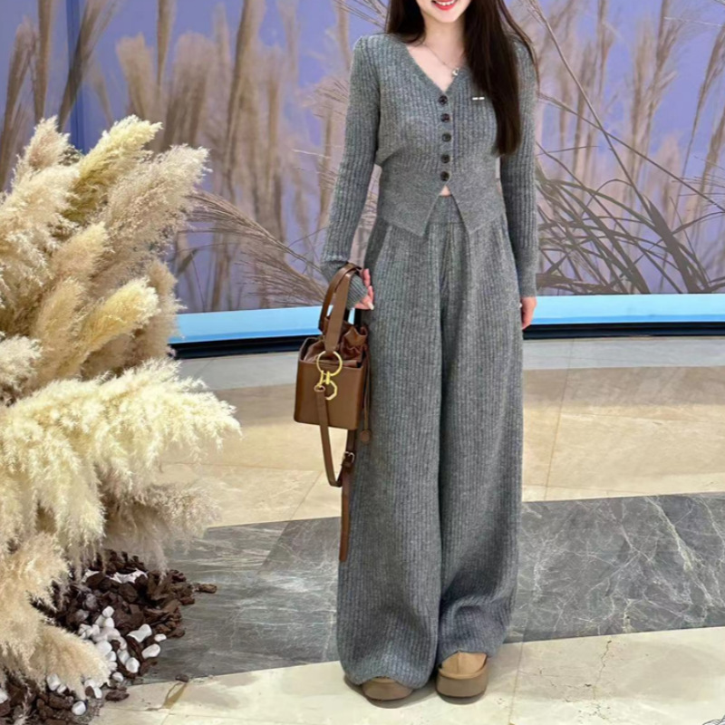 Casual Versatile Sweater Set for Women 2025 Autumn and Winter V-Neck Cardigan Slimming High-Waisted Knitted Wide-Leg Pants Two-Piece Set