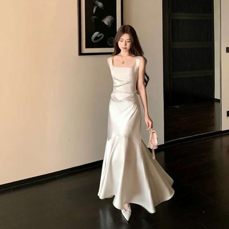 White Satin Halter Dress for Women, Summer Mermaid Engagement Party, Student Graduation Long Dress, Bridesmaid Gown White Satin Halter Dress for Women, Summer Mermaid Engagement Party, Student Graduation Long Dress, Bridesmaid Gown