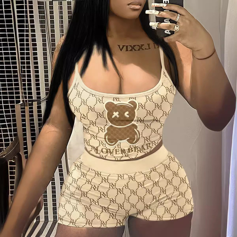Cross-border European and American Women's Clothing Amazon Independent Station Fashion Bear Printing Sexy Sling Sling Shorts Set for Women