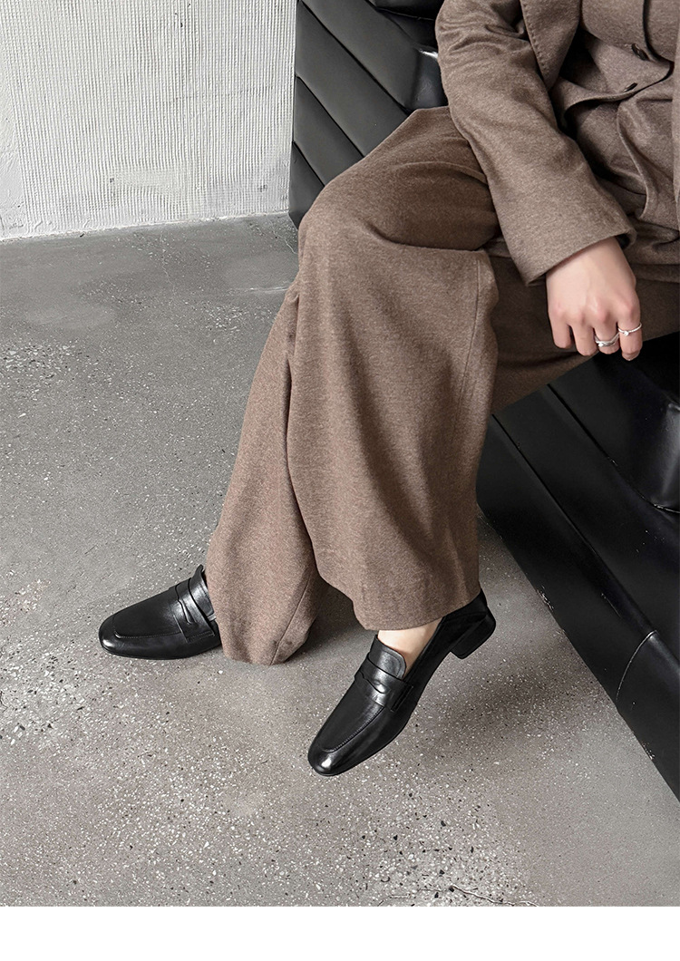 Giày loafer nữ mũi tròn da bò, gót vuông 2.5 cm phong cách Pháp — màu nâu chi tiết 5