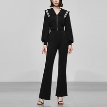 春装女装新款时尚海军风大翻领短上衣高腰显瘦喇叭长裤套装潮