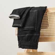 男生夏天裤子新款牛仔裤弹力哈伦松紧腰裤潮流直筒百搭长裤烟灰色