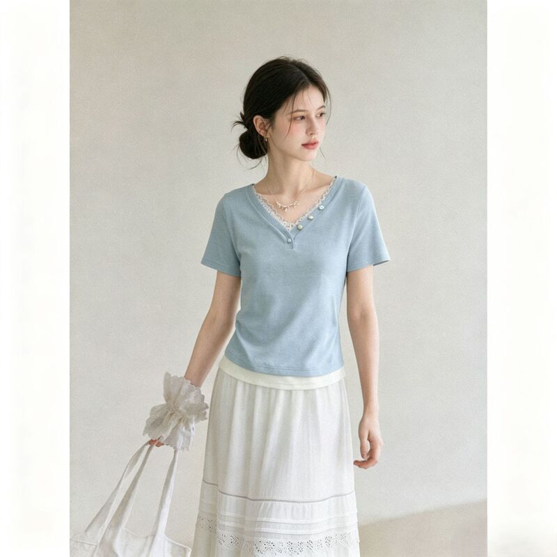 Jiyou Two-piece Illusion Lace Light Blue V-neck Short Sleeve T-shirt for Women, Summer Chic Design Korean Style Top