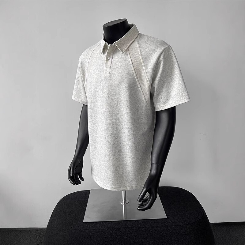 American-Style Straight-Shoulder Short-Sleeve Polo Shirt for Men, Summer Heavyweight Youth T-Shirt with a Turn-Down Collar and Raglan Five-Quarter Sleeves, Trendy Top