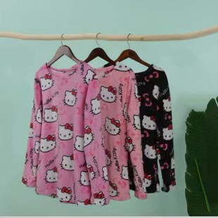 Cross-Border Cartoon Cat Print Long-Sleeved Pajamas Thick Coral Velvet Home Casual Flannel Tops for Outer Wear European and American Style