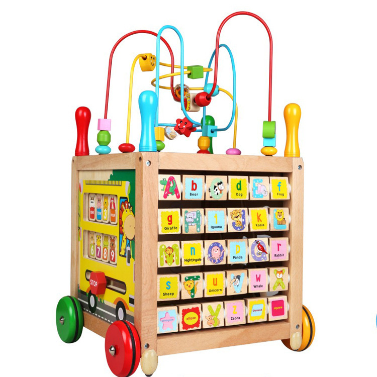 Múltiples funciones de madera alrededor de la caja del tesoro de cuentas de gran tamaño para niños con cuentas de jardín de infantes educación temprana juguetes de cochecito educativo