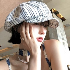 おしゃれな小顔雲ストライプひさし帽女性用春夏薄手日本製サンシェードペインターハット八角キャスケットイン