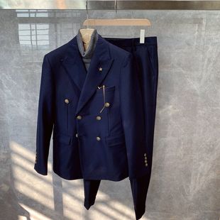 British Style New Retro Solid Color Slim-fit Double-breasted Suit Jacket suit Men's Fashionable Two-piece Suit