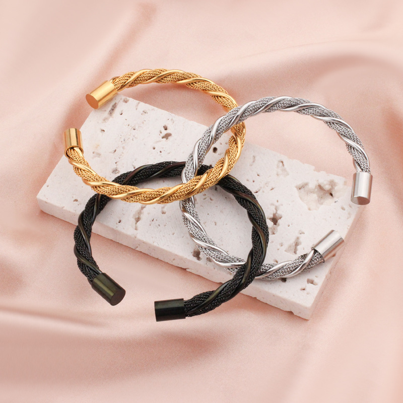 European and American stainless steel braided steel wire C- shaped open bracelet titanium steel braided mesh double wire wound wire rope bracelet