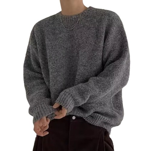 Autumn/Winter New Korean Style Trendy Retro Solid Color Soft Sweater for Men Loose Fit Round Neck Fleece Knit Top