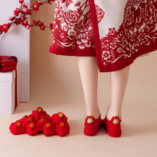 龙年红袜子女士本命年提耳短袜刺绣大红色属龙年情侣精梳棉船袜