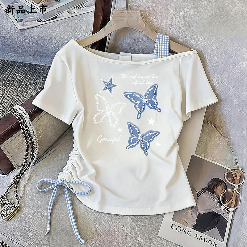 Butterfly Print Off-Shoulder Strap Short-Sleeve T-Shirt for Girls (Mid-to-Large Sizes) 2026 Summer Children's Drop-Shoulder Top