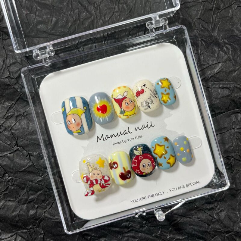 [Star Man] Purely Handmade Cute Cartoon Girl Short Round Wearable Nail Patch Removable A589