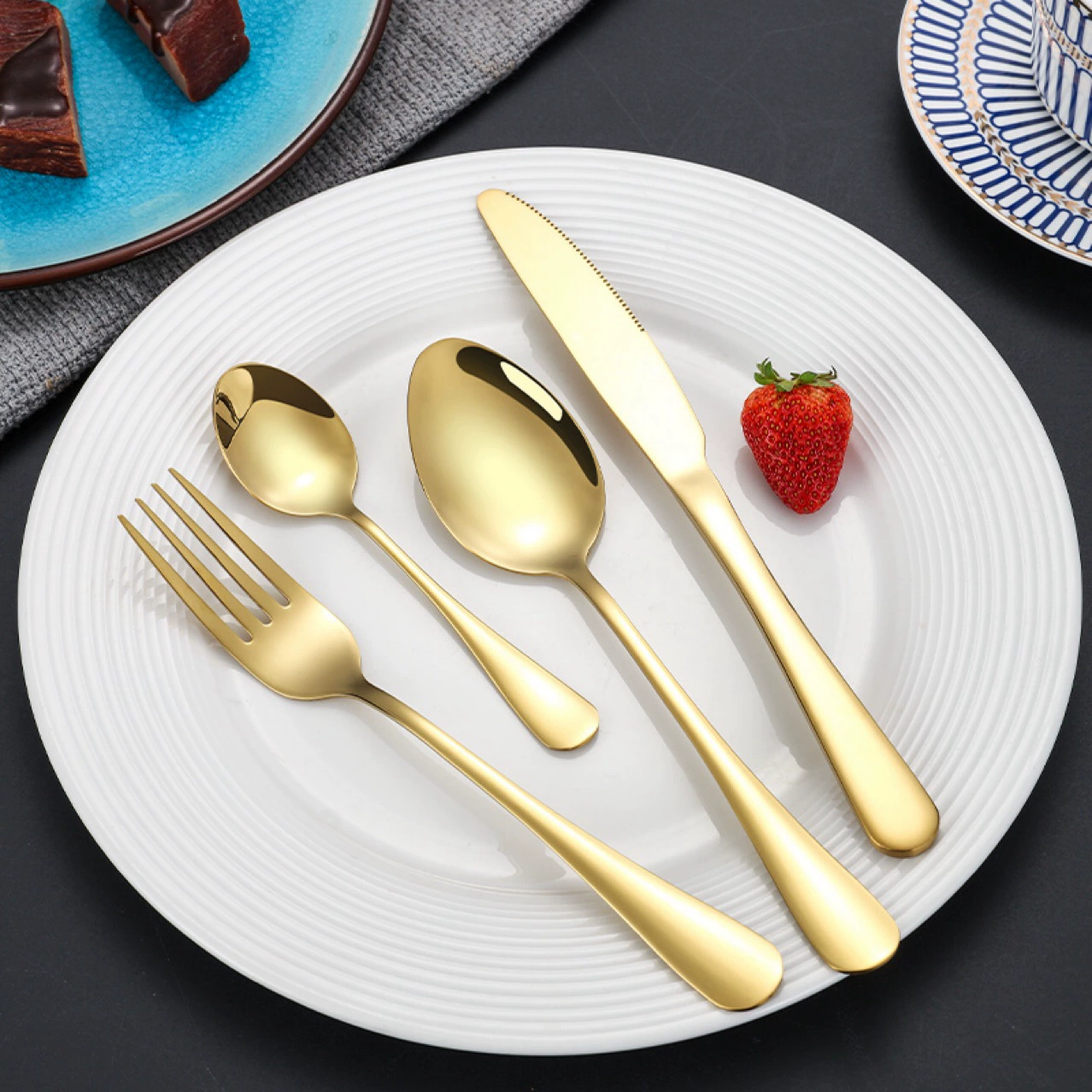 304 stainless steel knife and fork set, thickened 1010 titanium plated steak knife, fork, spoon, rice spoon, dessert spoon