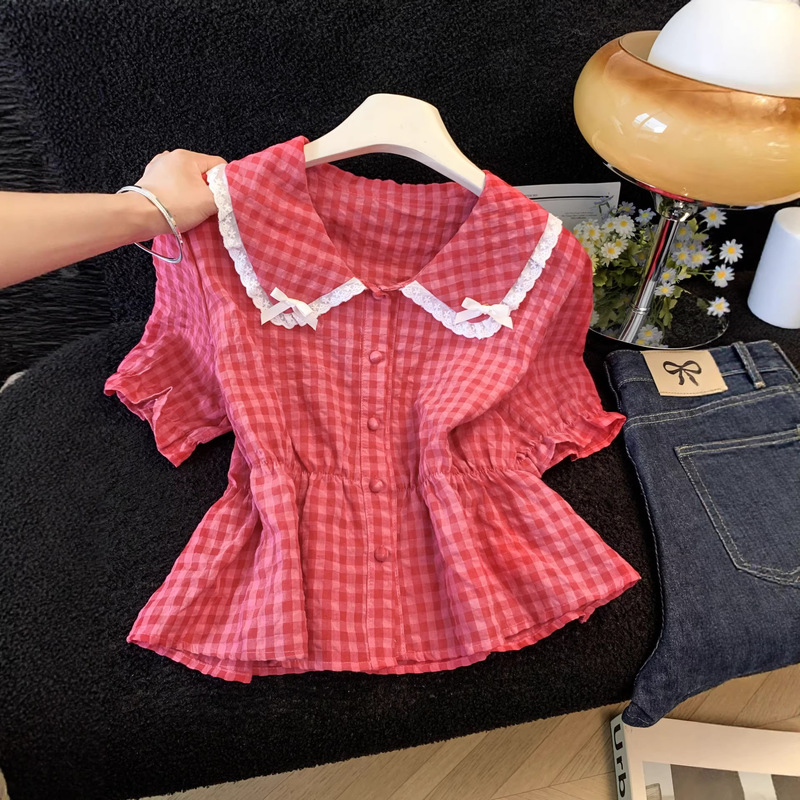 Lace Bow Doll Collar Short-Sleeved Shirt~Stylish and Age-Reducing Loose Top for Summer Lace Bow Doll Collar Short-Sleeved Shirt~Stylish and Age-Reducing Loose Top for Summer