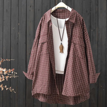 中长款小米格子长袖衬衫女宽松大码慵懒风宽松休闲开衫薄外套