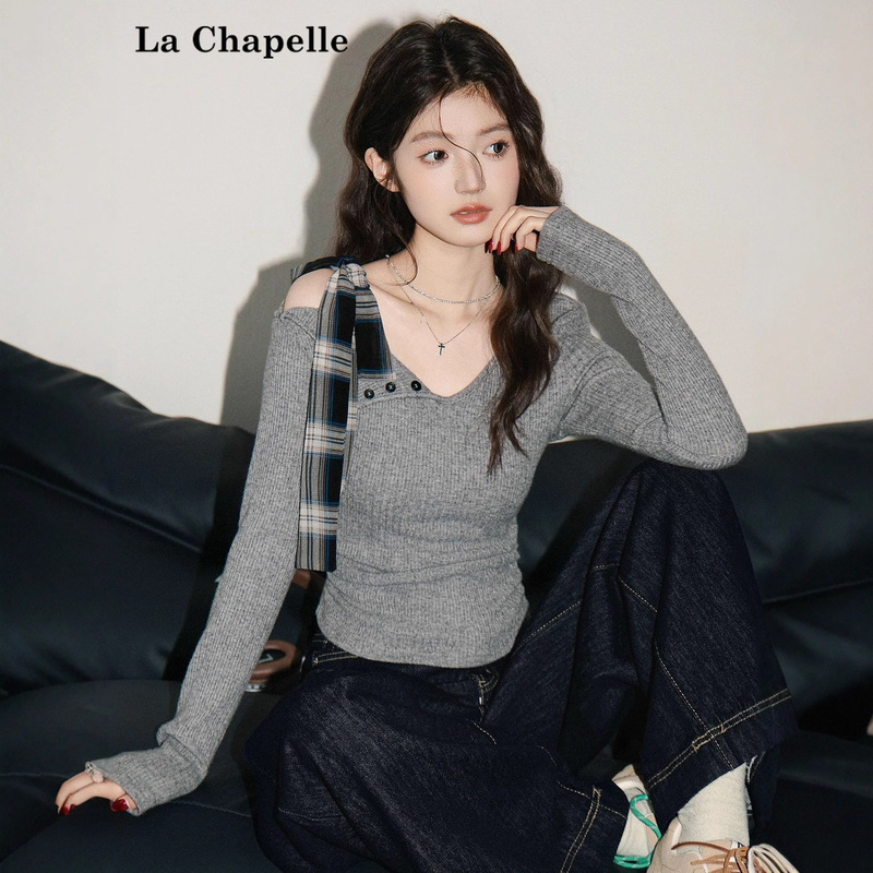 La Chapelle Pure Desire Elegant Bow Strap Design Long-Sleeved T-Shirt Slimming Look Off-Shoulder Top for Women