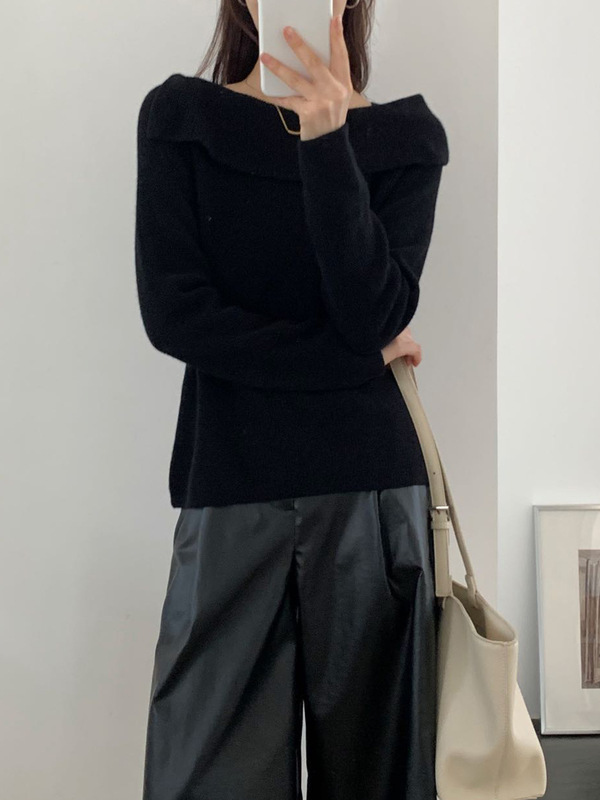 2025早秋新款别致羊毛衫舒适甜美气质露肩长袖针织衫女一字领上衣|undefined