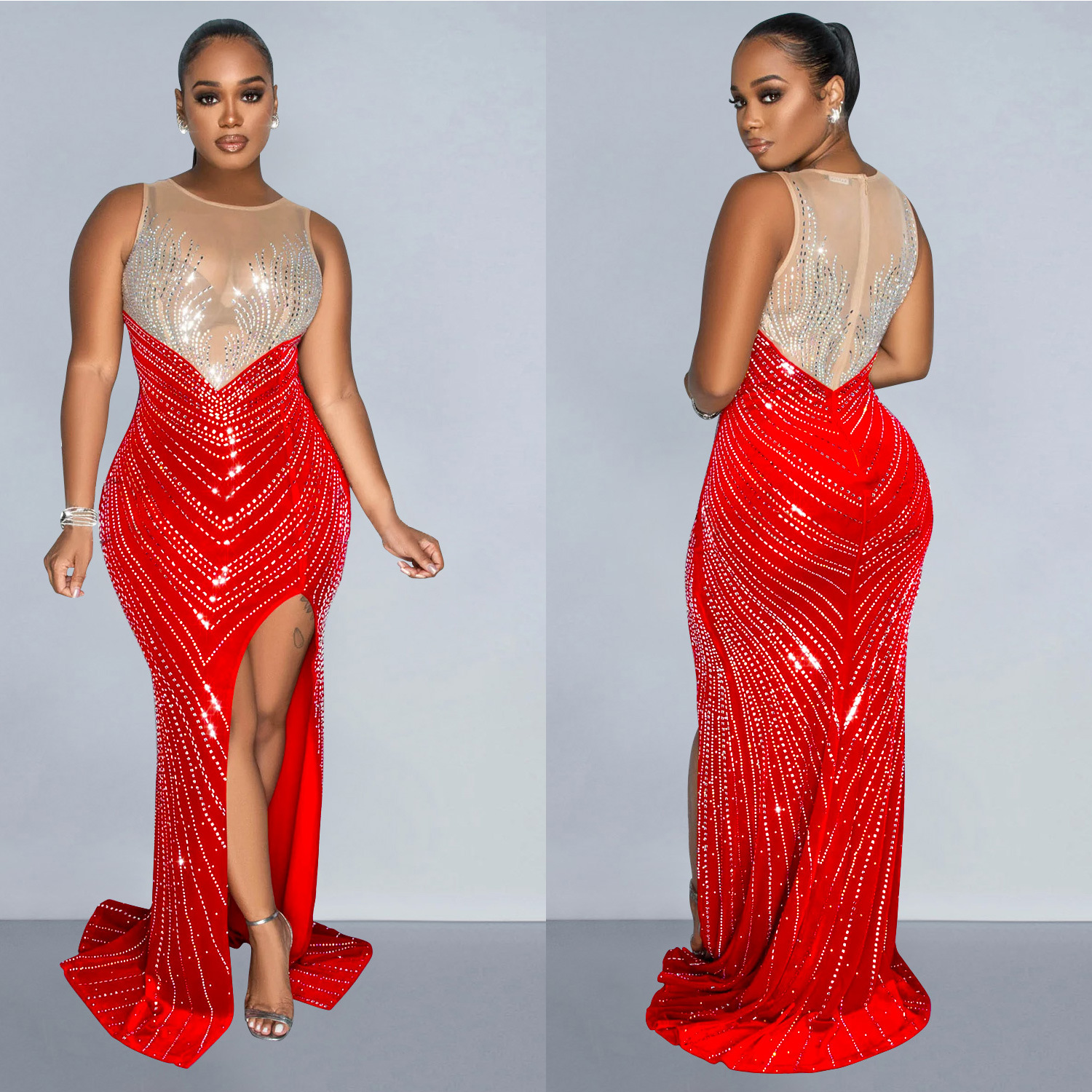 C6807 transfronteriza AliExpress Amazon europeo y americano de las mujeres de moda de color sólido cuello redondo sin mangas vestido de diamantes de imitación vestido image 5