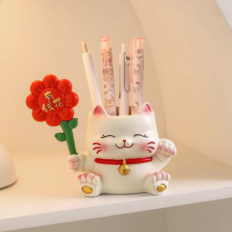 招财猫笔筒桌面收纳树脂摆件高颜值装饰生日礼物创意可爱学生礼品|undefined