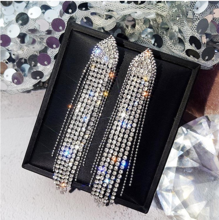 fashion long temperament tassel rhinestone earrings for women silver needle personality exaggerated internet celebrity trend shape earrings_voghion.com