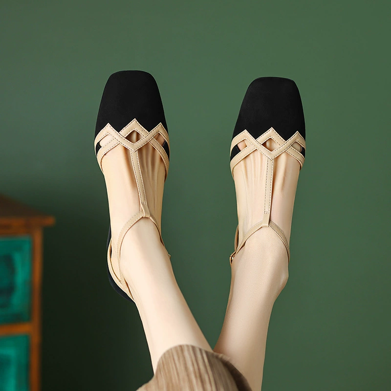 SKYSHOES Французские сандалии с римским носком, женские туфли на толстом каблуке, новинка 2023 года, летние однослойные туфли на среднем каблуке с полым носком