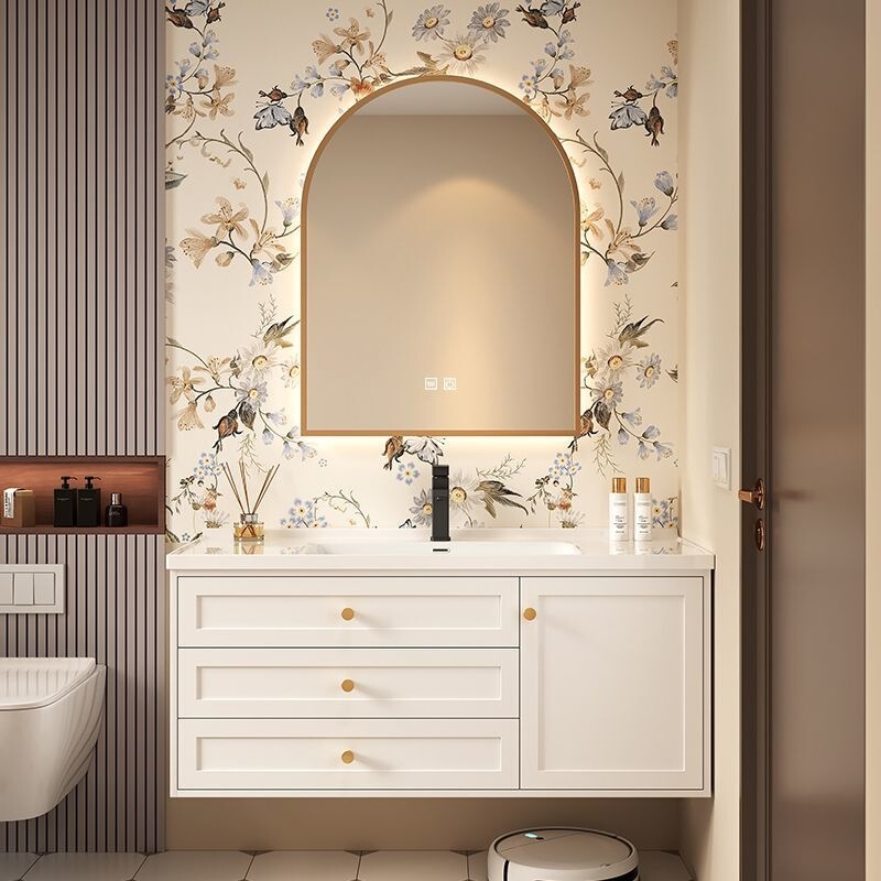 Cream-Colored Bathroom Vanity with Integrated Sink, Bathroom Cabinet Set, Washbasin, Smart Mirror, Wall-Mounted and Freestanding
